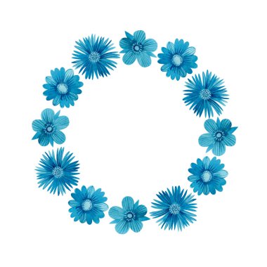 Suluboya ile boyanmış mavi çiçekli çelenk. Çiçek çerçevesi. Kartpostallar, posterler ve daha fazlası için şablon.