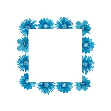 Suluboya ile boyanmış mavi çiçekli kare çerçeve. Çiçek çerçevesi. Kartpostallar, posterler ve daha fazlası için şablon.