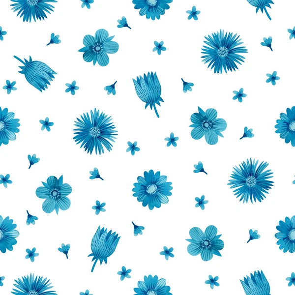 Seamless Pattern Stylized Watercolor Blue Flowers White Background Floral Print — Φωτογραφία Αρχείου