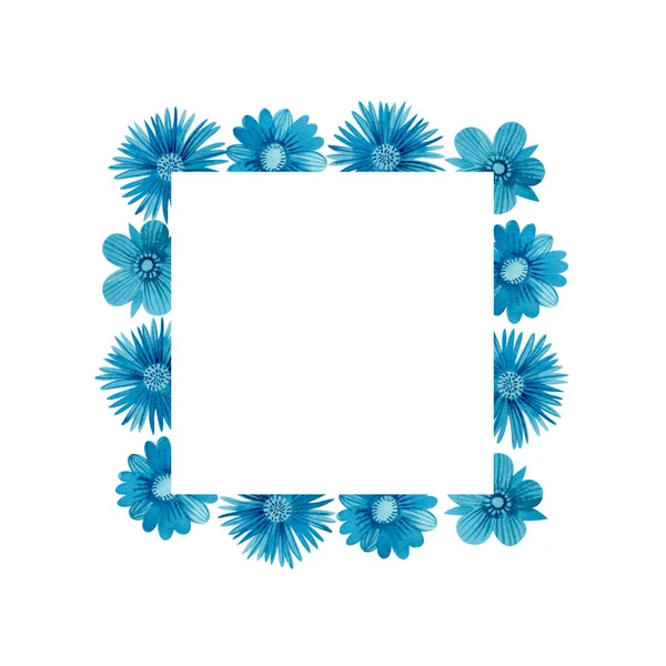 Square frame with stylized blue flowers painted in watercolor. Floral frame. Template for postcards, posters and more.