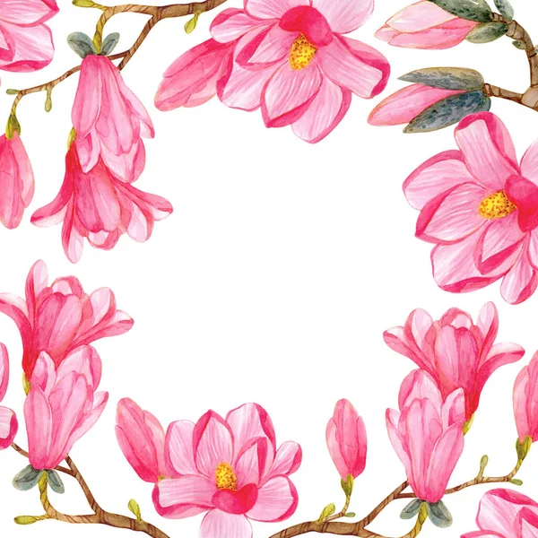 Frame Watercolor Magnolia Sprigs Frame Blooming Magnolia White Background Template — Stock Photo, Image