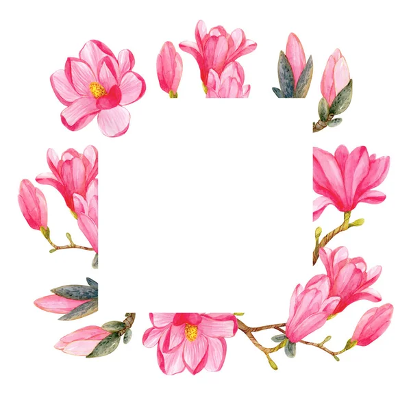 Square Frame Watercolor Pink Magnolia Flowers White Background Template Design — Stock Photo, Image