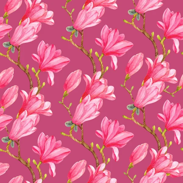Seamless Pattern Watercolor Magnolia Branches Pink Flowers Pink Background Spring — Stock Photo, Image