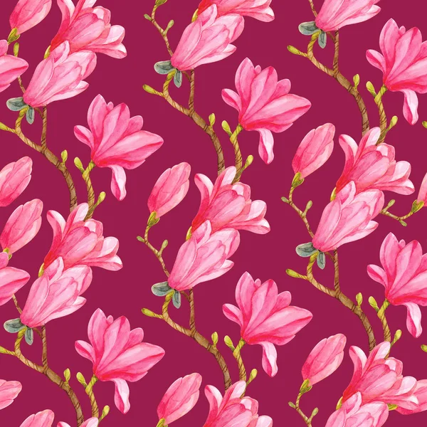 Seamless Pattern Watercolor Magnolia Branches Pink Flowers Wine Colored Background — Stock Photo, Image