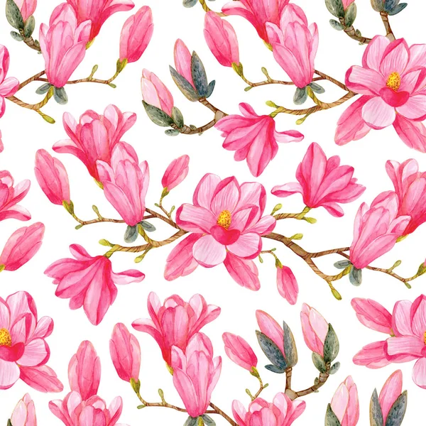 Seamless Pattern Watercolor Magnolia Branches Pink Flowers White Background Spring — Stock Photo, Image