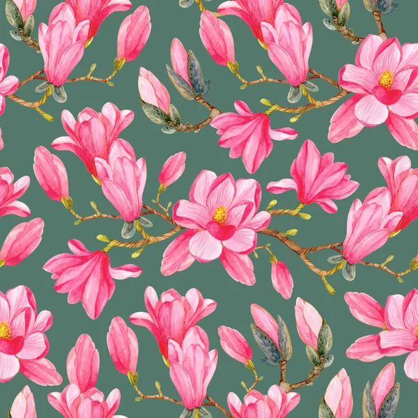 Nahtloses Muster Mit Aquarell Magnolienzweigen Und Rosa Blüten Auf Grünem — Stockfoto