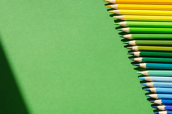 Colour pencils. Yellow. Green. Blue. Blue. Many flowers. Close-up. Green background. Place for your text. Close-up.