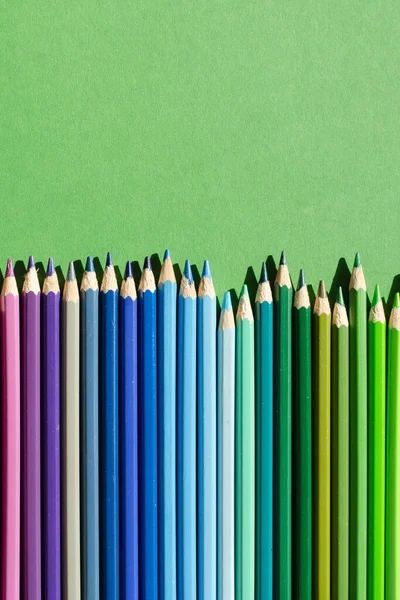 Colour pencils. Yellow. Green. Blue. Blue. Many flowers. Close-up. Green background. Place for your text. Close-up.