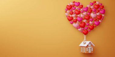 Sevgililer Günü konsepti, aşk kartı, balondan kalp ve ev..