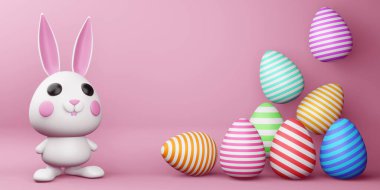 Mutlu Paskalya günleri, renkli yumurtalı şirin tavşancık, Paskalya arkaplanı, 3 boyutlu görüntüleme.