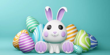 Mutlu Paskalya günleri, renkli yumurtalı şirin tavşancık, Paskalya arkaplanı, 3 boyutlu görüntüleme.