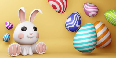 Mutlu Paskalya günleri, renkli yumurtalı şirin tavşancık, Paskalya arkaplanı, 3 boyutlu görüntüleme.