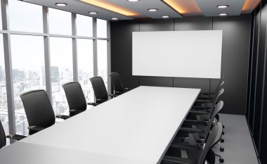 İş için toplantı odası, şirket adı için boş duvar, 3D görüntüleme.