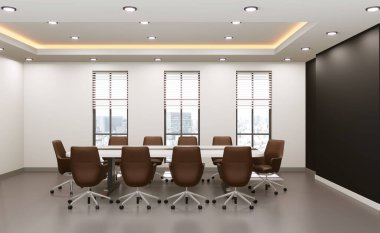 İş için toplantı odası, şirket adı için boş duvar, 3D görüntüleme.