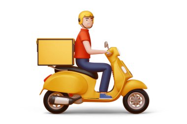 Teslimatçı elinde teslimat kutusuyla motosiklet sürüyor..