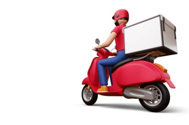 Teslimatçı elinde teslimat kutusuyla motosiklet sürüyor..