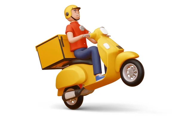 Teslimatçı elinde teslimat kutusuyla motosiklet sürüyor..