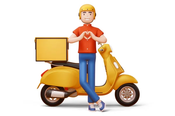 Teslimatçı, elleri ve teslimat motosikletiyle kalp şekli çiziyor..