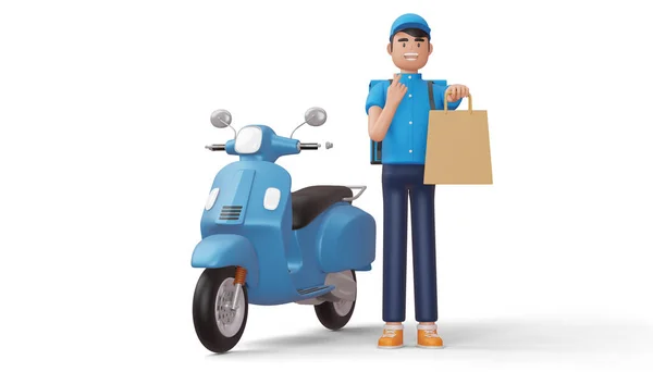 Teslimatçı elleriyle mini kalp yapıyor ve elinde bir alışveriş çantası tutuyor.