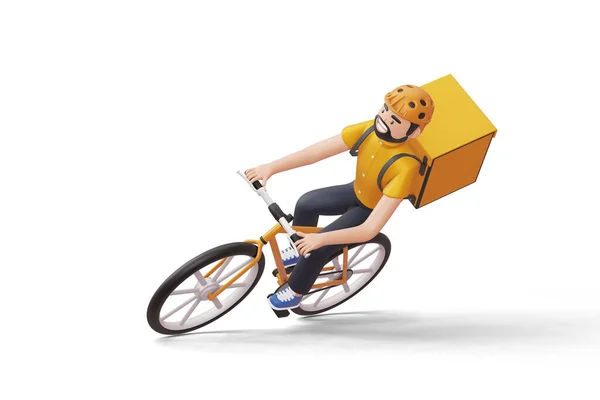 Kurir Pengantar Sepeda Dengan Kotak Parsel Belakang Rendering — Stok Foto
