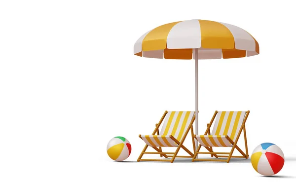 Beach chairs and umbrellas with beach ball, summer season, summer template 3d rendering