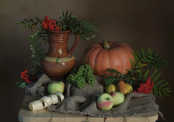 Stillleben mit Kürbis, Trauben, Äpfeln, Birnen und Beeren. — Stockfoto