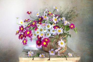 Renkli papatyalarla dolu bir sepetin içinde .