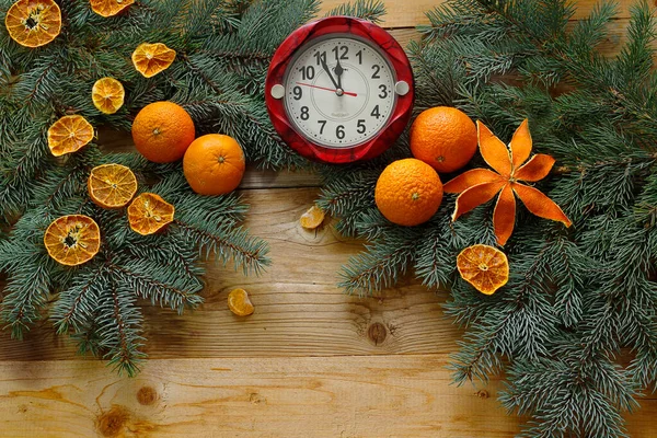 Fundo Natal Com Tangerinas Ramos Abeto — Fotografia de Stock