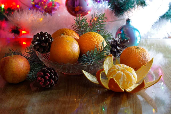 Sfondo Natalizio Con Mandarini Decorazioni Natalizie — Foto Stock