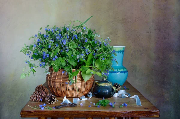 Gyönyörű Csokor Kék Virágok Egy Kosárban Egy Erdő Háttér — Stock Fotó