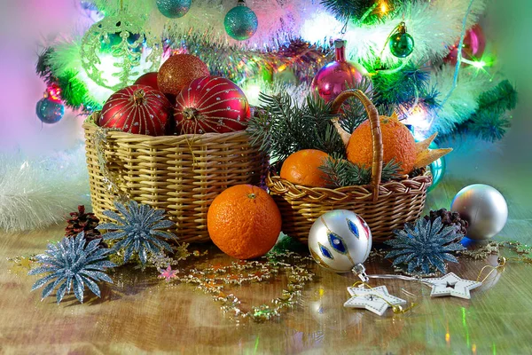 Fondo Navidad Con Mandarinas Decoraciones Navideñas — Foto de Stock