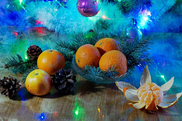 Fundo Natal Com Tangerinas Decorações Natal — Fotografia de Stock