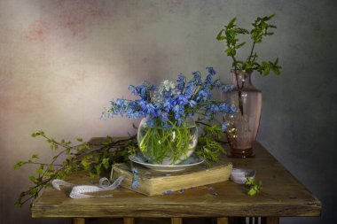 Still life with blue, spring primroses and an old book in the background.