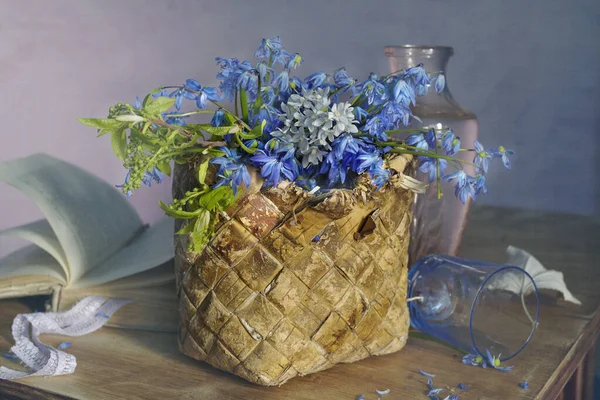 Still Life Spring Primroses Old Basket — Stock Photo, Image