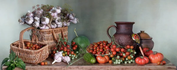 Outono Ainda Vida Com Abóboras Maçãs Milho Tomates Pimentas Panorama — Fotografia de Stock
