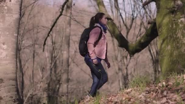자연 속에서 자립심을 가지고, 어린 여학생이 숲 속을 걷고 있습니다. — 비디오