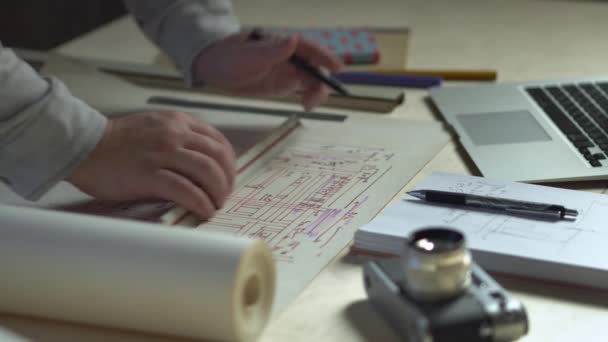 Close up Engineer works with drawings , Instruments and office for designer — Stock Video