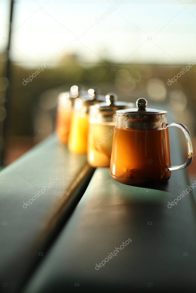 Tasty tea on restaurant, different kinds 