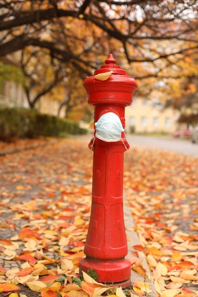 Sonbahar yapraklarının arka planında maskeli kırmızı yangın musluğu