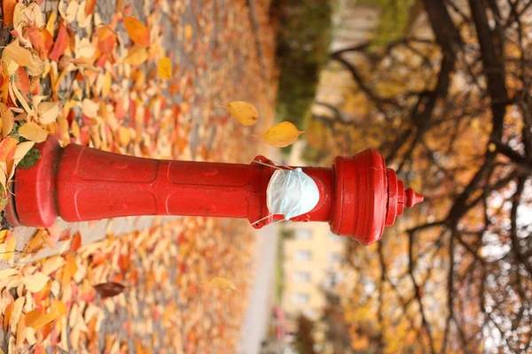 Sonbahar yapraklarının arka planında maskeli kırmızı yangın musluğu