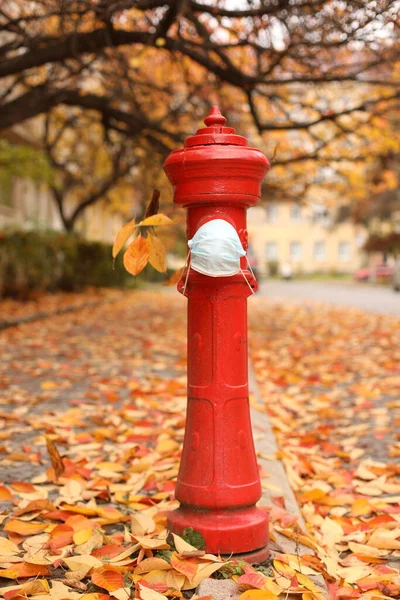 Sonbahar yapraklarının arka planında maskeli kırmızı yangın musluğu