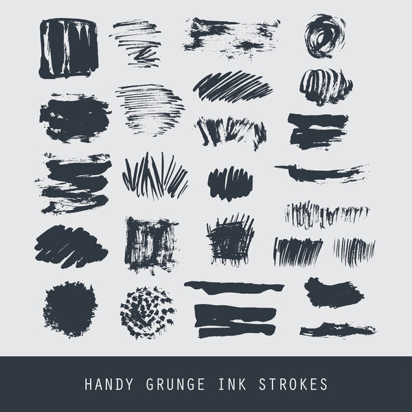 Set of modern ink grunge brush strokes. Textures, lines, splashes, dots.