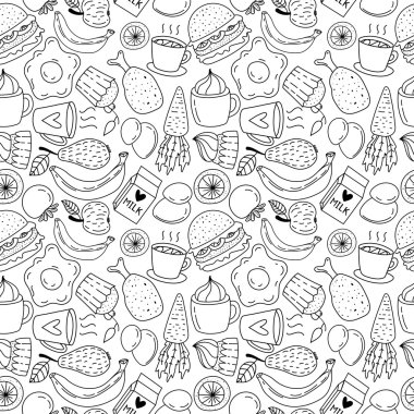 Çizilmiş kahvaltı gıda teslim ve simgeler kümesi doodle. Okul Öğle yemeği menüsü.