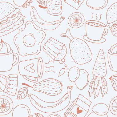 Çizilmiş kahvaltı gıda teslim ve simgeler kümesi doodle. Okul Öğle yemeği menüsü.