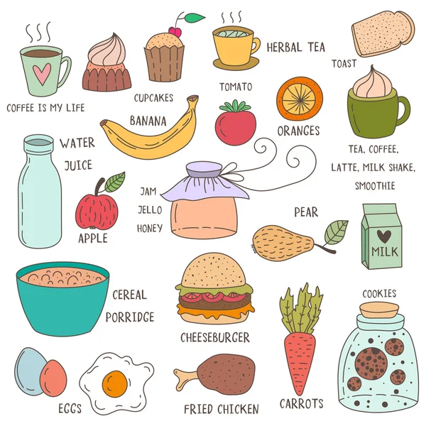 Petit déjeuner dessiné à la main nourriture et icônes doodle ensemble. Menu déjeuner scolaire . — Image vectorielle