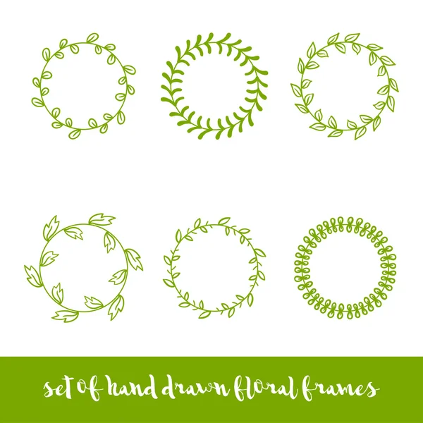 Set of six hand drawn circle floral frames. — Stock Vector