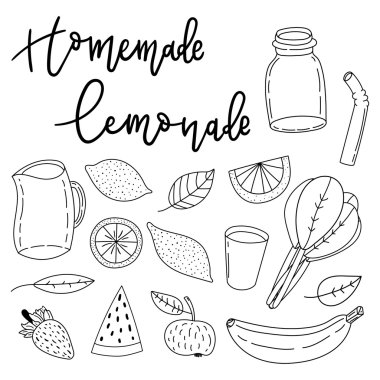 Elle çizilmiş basit çizgi vektör doodle simgeler kümesi. Limonata.