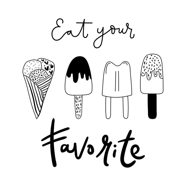 Illustration croquante de gribouillis avec lettrage dessiné à la main - Mangez votre glace préférée . — Image vectorielle