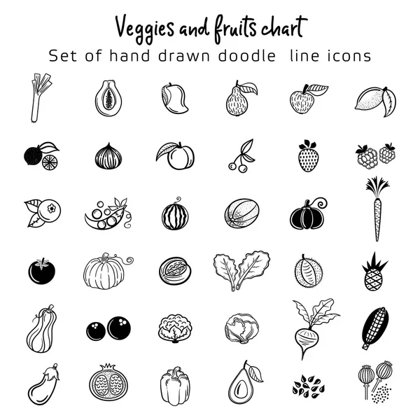 一整套手绘制的轮廓的水果和蔬菜的图标. — 图库矢量图片