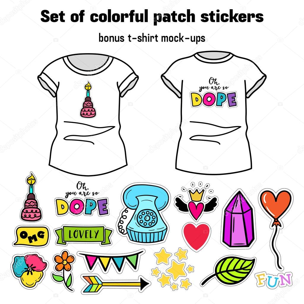 Set of quirky cartoon patch badges. Bright fashion pins.